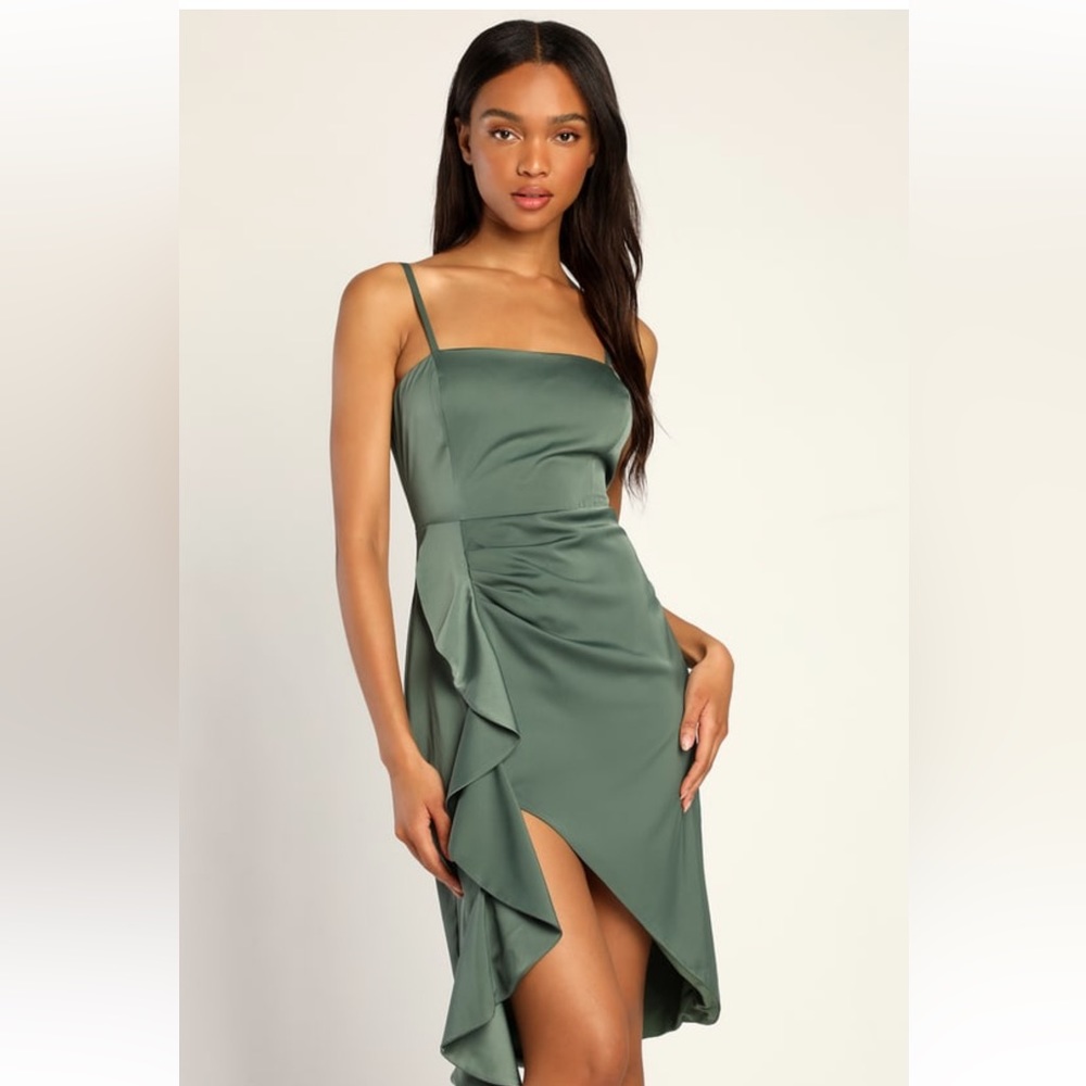 Like what you see sage satin asymmetrical ruffled midi dress by lulus size M